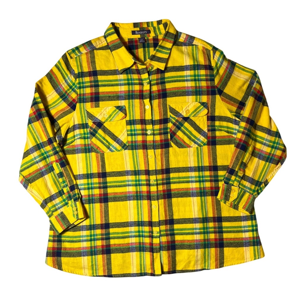 Bright Yellow Plaid Flannel Shirt Women's 22W Soft Cotton Button Front Top